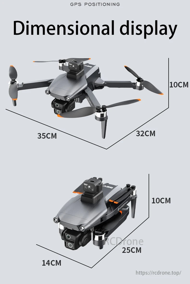 L600-1 PRO MAX GPS Drone, Drone with GPS positioning, two size options (35x32x10 cm and 25x14x10 cm), and flight/camera specifications.