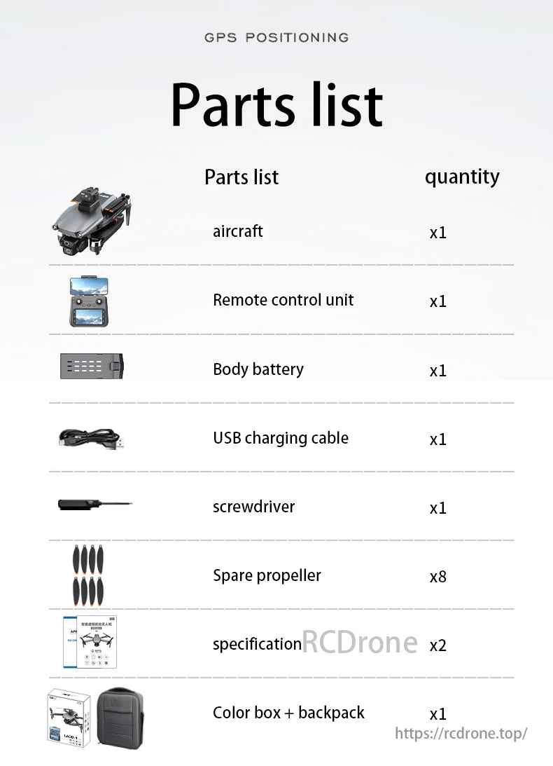 L600-1 PRO MAX GPS Drone, The GPS positioning parts list comprises an aircraft, remote control, battery, USB cable, screwdriver, spare propellers, specifications, and a color box with backpack.