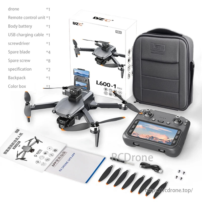 L600-1 PRO MAX GPS Drone, Drone kit includes remote, battery, USB cable, tools, spare parts, backpack, color box, and specs.