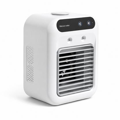 L7 Portable Mini Evaporative Air Cooler with 500ml Water Tank, Dual Mist Nozzles, 2 Speeds, USB Rechargeable 1800mAh Desktop Cooling Fan