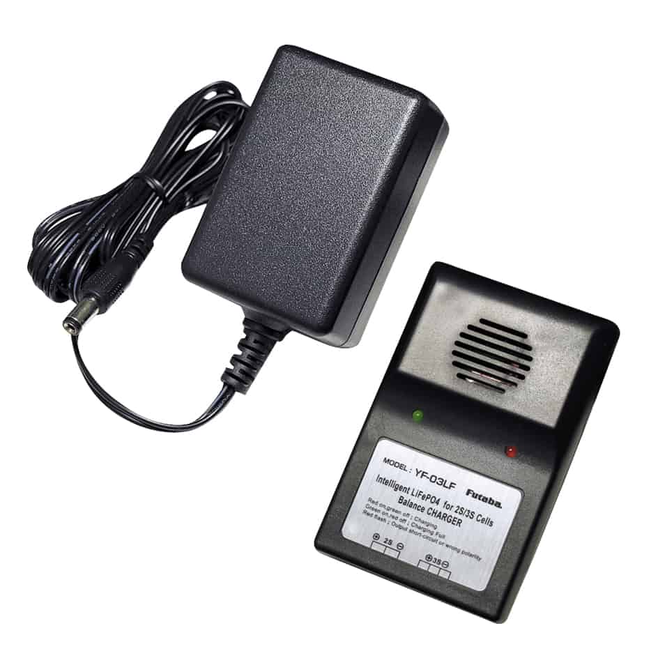 Futaba LBC-4E5 LiFe charger with AC power adapter and cable, top view of both components