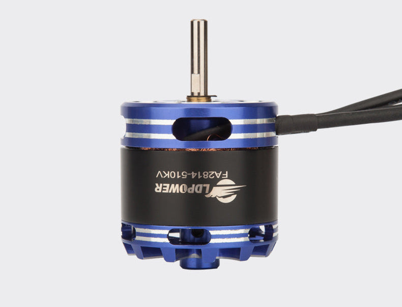 LDPOWER FA2814 880KV Airplane Brushless Motor, LDPOWER FA2814 brushless airplane motor with blue anodized housing, output shaft, and attached power leads