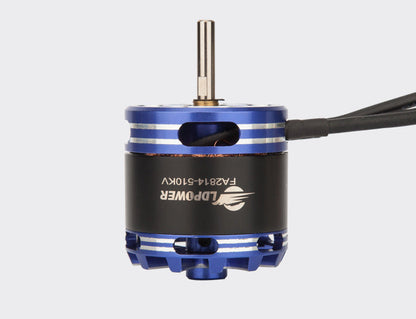 LDPOWER FA2814 880KV Airplane Brushless Motor, LDPOWER FA2814 brushless airplane motor with blue anodized housing, output shaft, and attached power leads