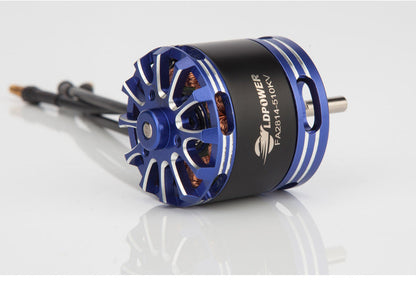 LDPOWER FA2814 880KV Airplane Brushless Motor, LDPOWER FA2814 airplane brushless motor with blue alloy end caps, black housing, and three-wire lead