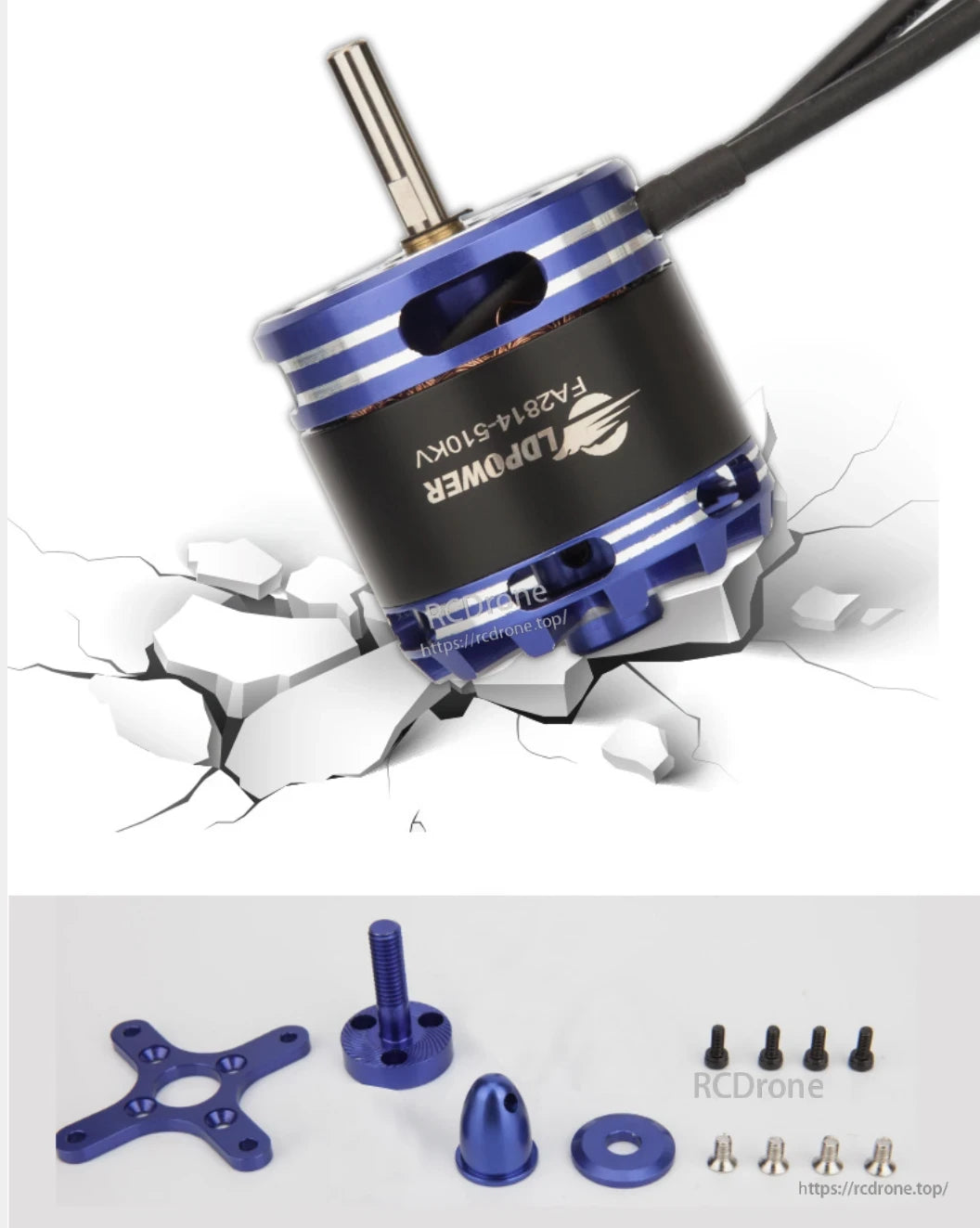 LDPOWER FA2814 880KV Airplane Brushless Motor, LDPOWER FA2814-510KV brushless airplane motor with blue housing, shaft, and mounting hardware set