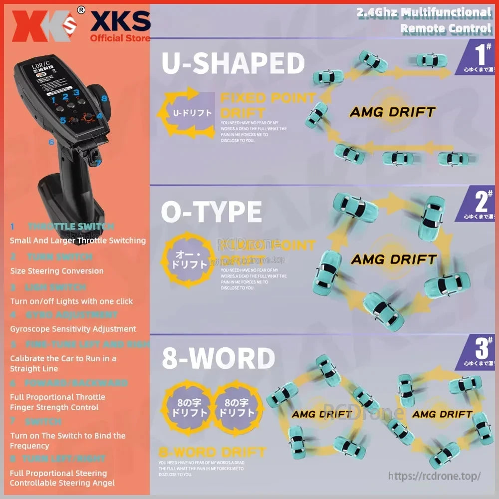 LDRC LD1804 RC Excavator, XKS 2.4GHz remote control for RC cars offers drift modes, precise controls, and adjustable settings for enhanced maneuvering and performance.
