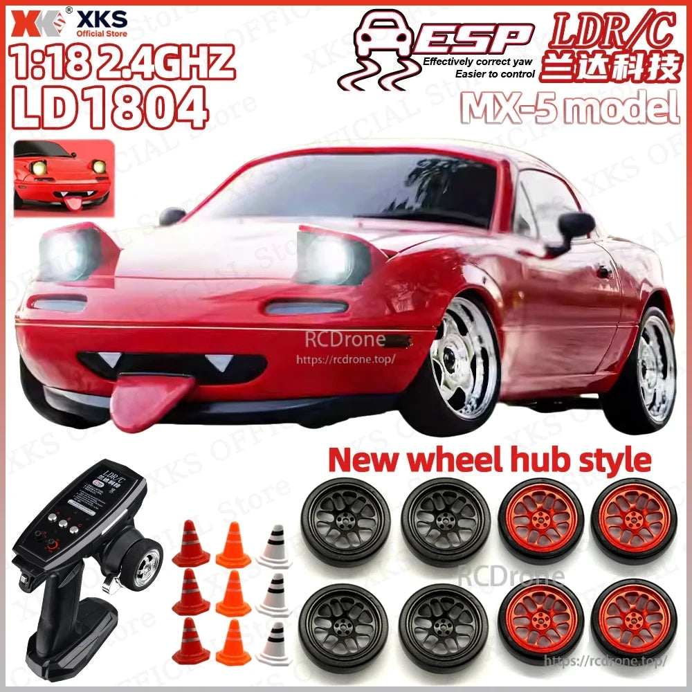 LDRC LD1804 RC Excavator, 1:18 scale 2.4GHz LD1804 MX-5 model featuring ESP, new wheel hubs, remote control, cones, and tires.