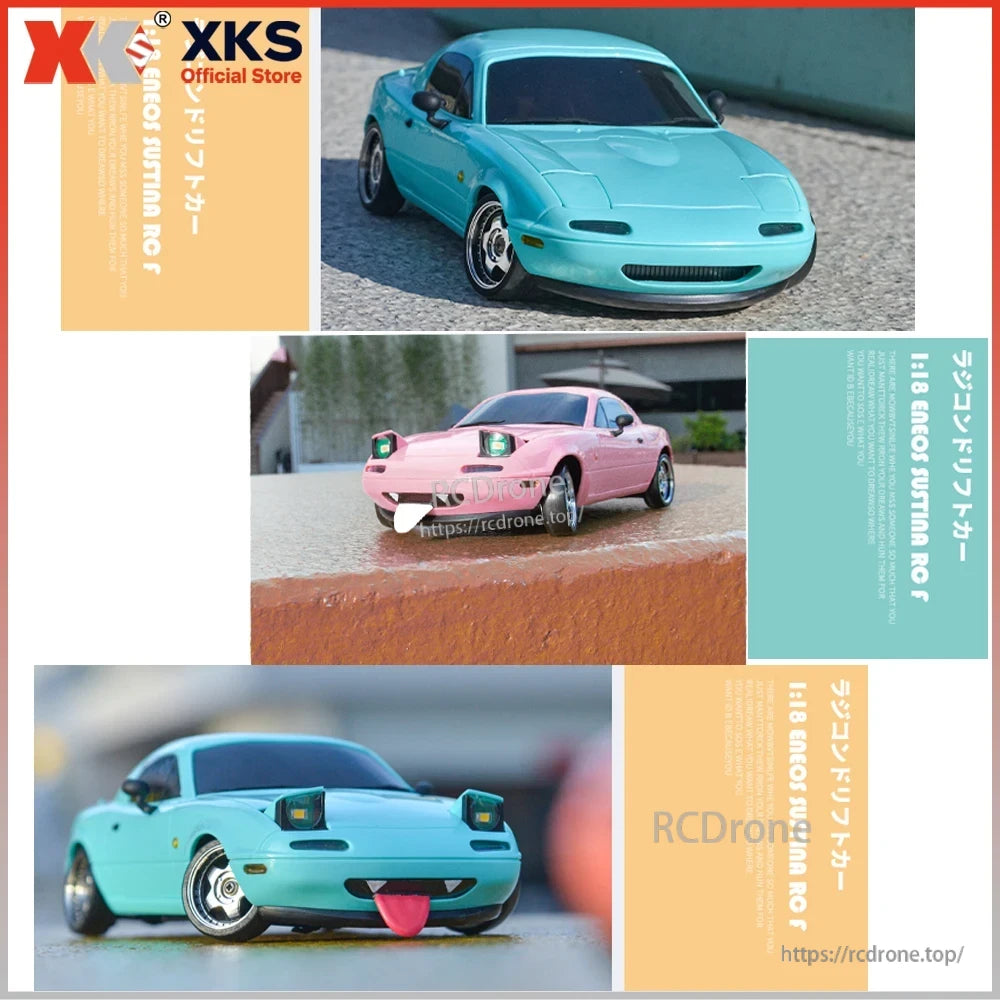 LDRC LD1804 RC Excavator, Turquoise and pink 1:18 ENEOS SUZUKA RC F toy car features detailed design and a playful tongue detail.