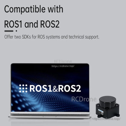 ROS1 and ROS2 compatibility graphic with laptop display and D500 LiDAR shown beside it