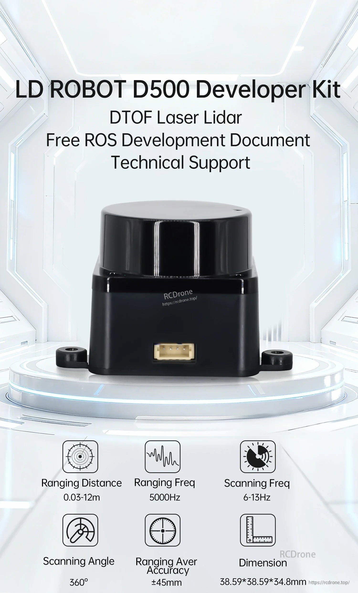 LDROBOT D500 Developer Kit DTOF 360° laser LiDAR scanner with key specs and compact housing
