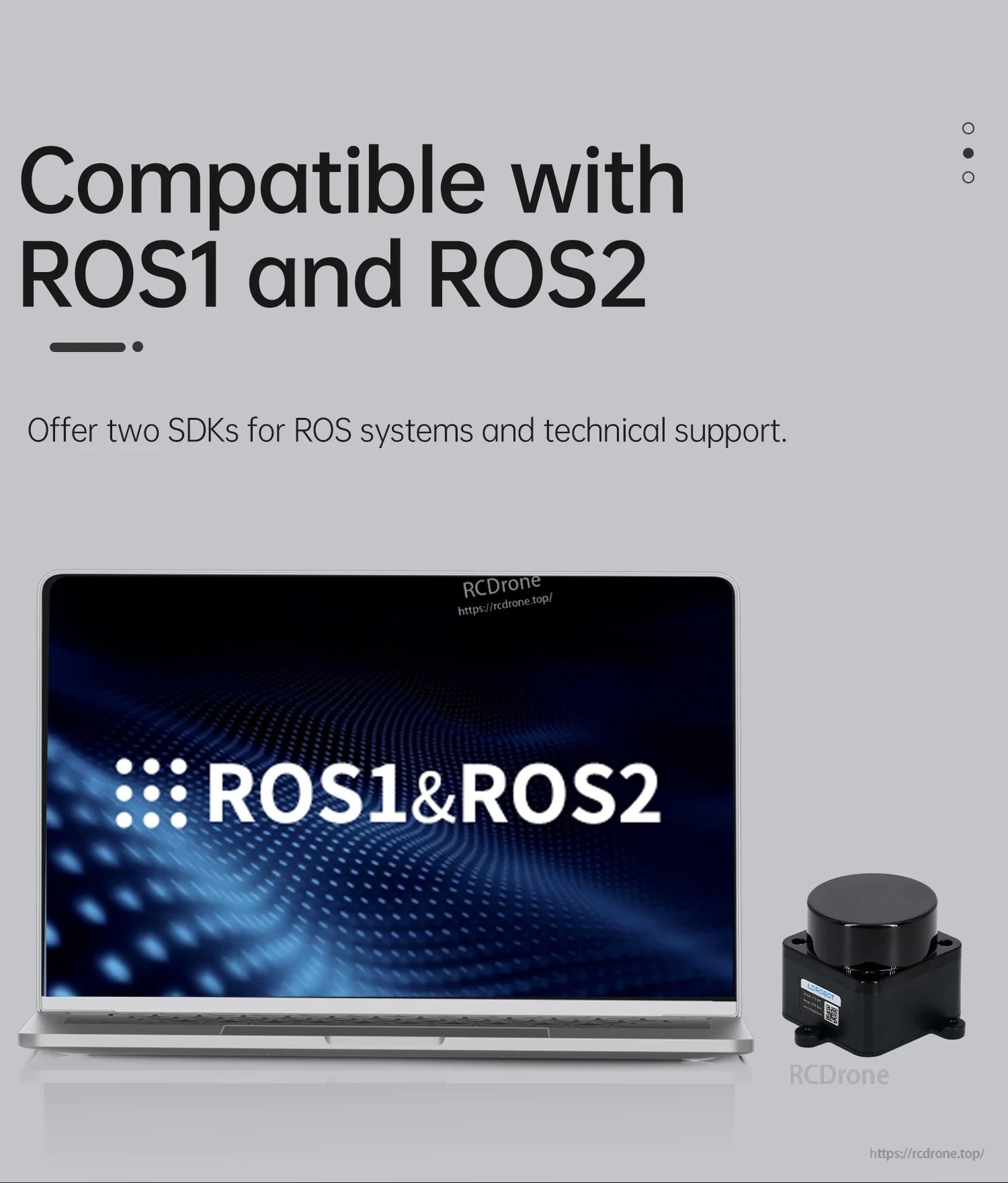 Compatible with ROS1 and ROS2 graphic with laptop and D500 LiDAR module icon