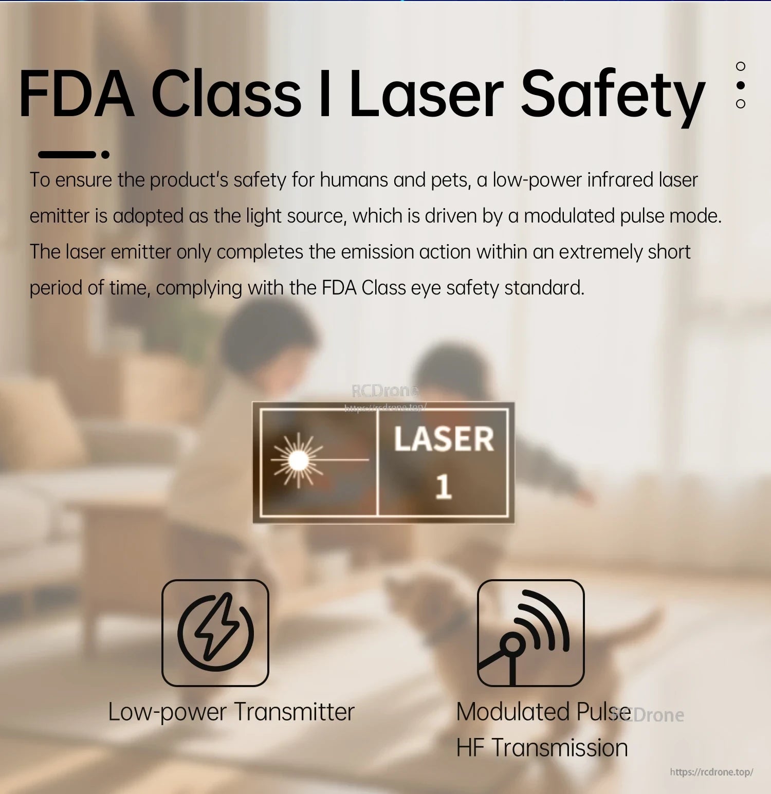 FDA Class I laser safety graphic with LASER 1 icon and notes on low-power infrared emitter