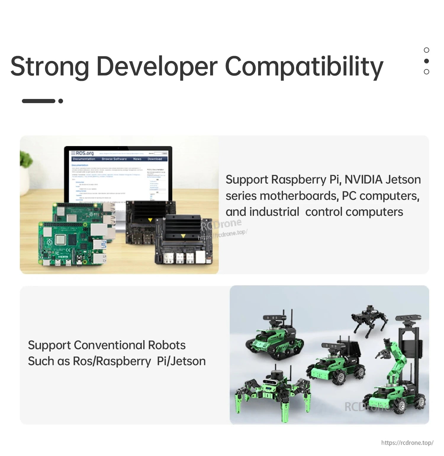 Developer compatibility graphic listing Raspberry Pi, NVIDIA Jetson, PC motherboards, and robot platforms