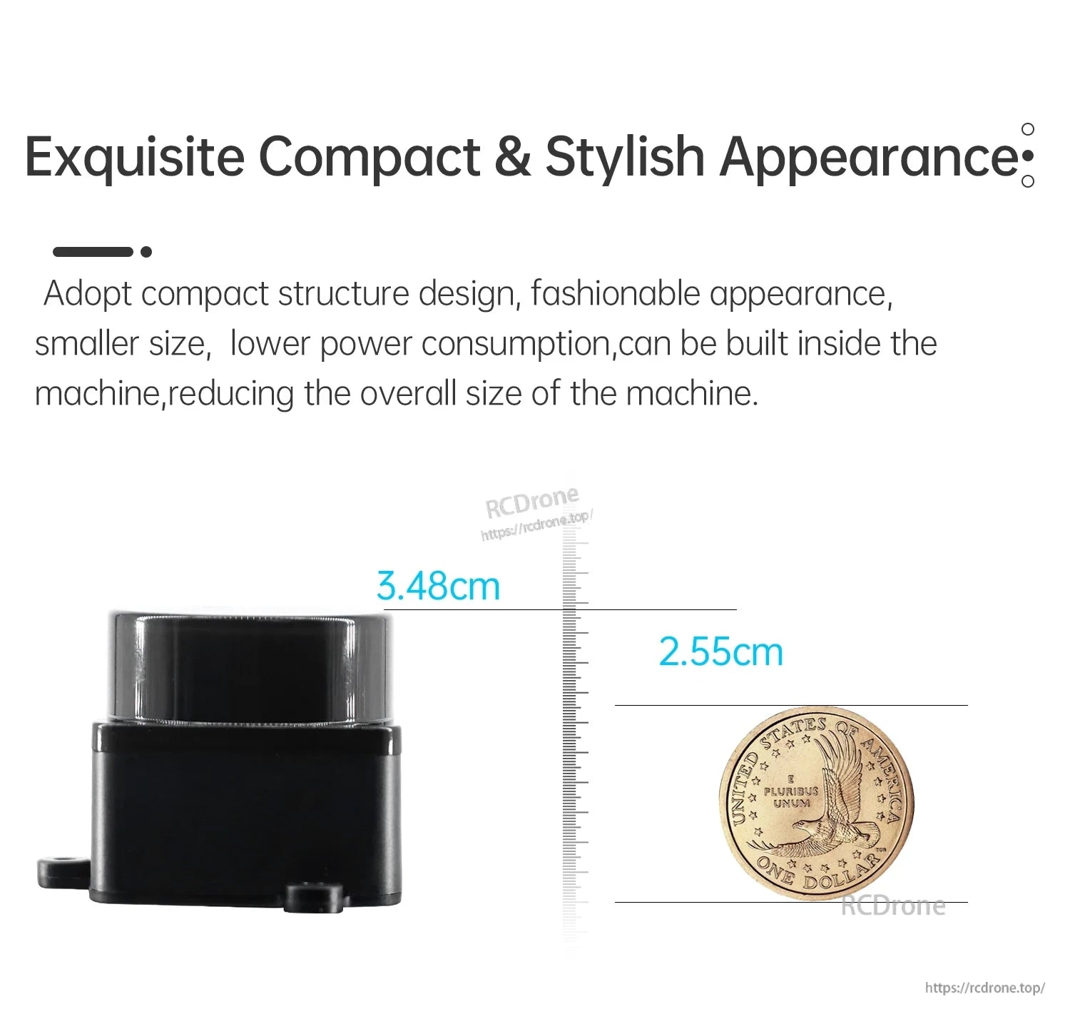 Compact size comparison showing D500 LiDAR height 3.48 cm and 2.55 cm reference with coin