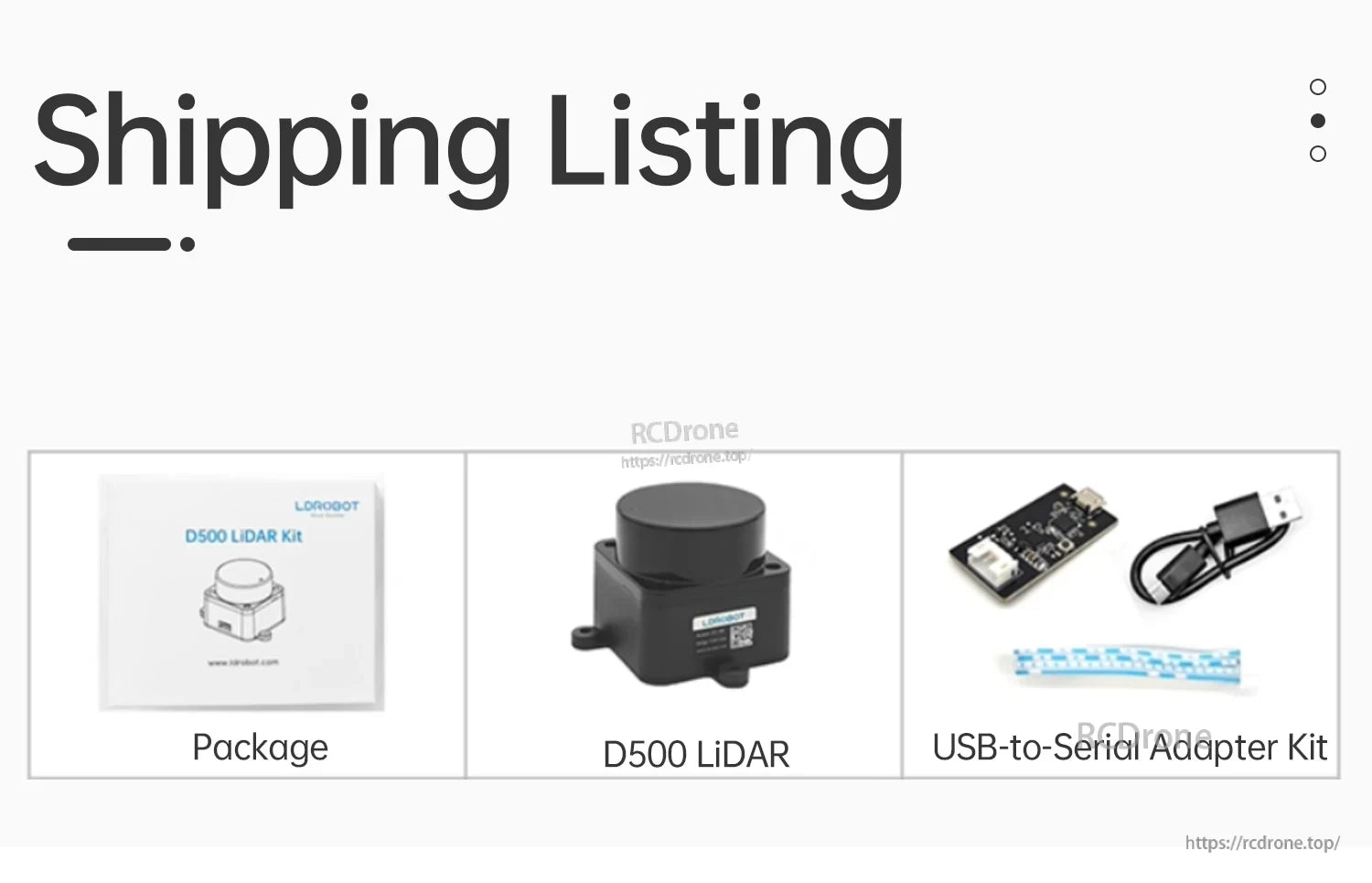 Shipping listing showing package, D500 LiDAR unit, and USB-to-serial adapter kit with cable and board