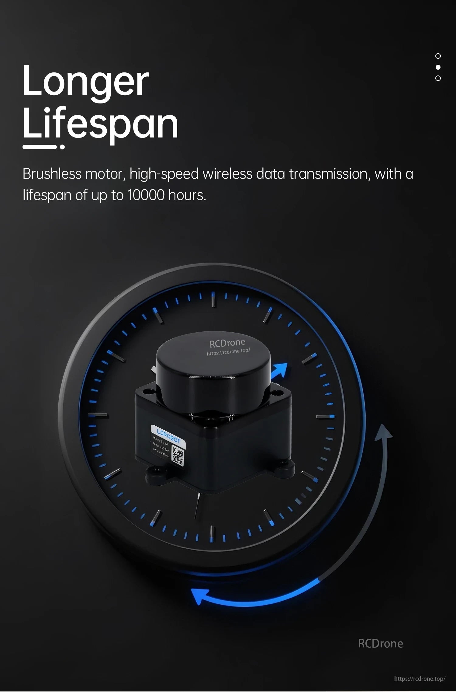 Longer lifespan graphic highlighting brushless motor design for LDROBOT D500 LiDAR scanner