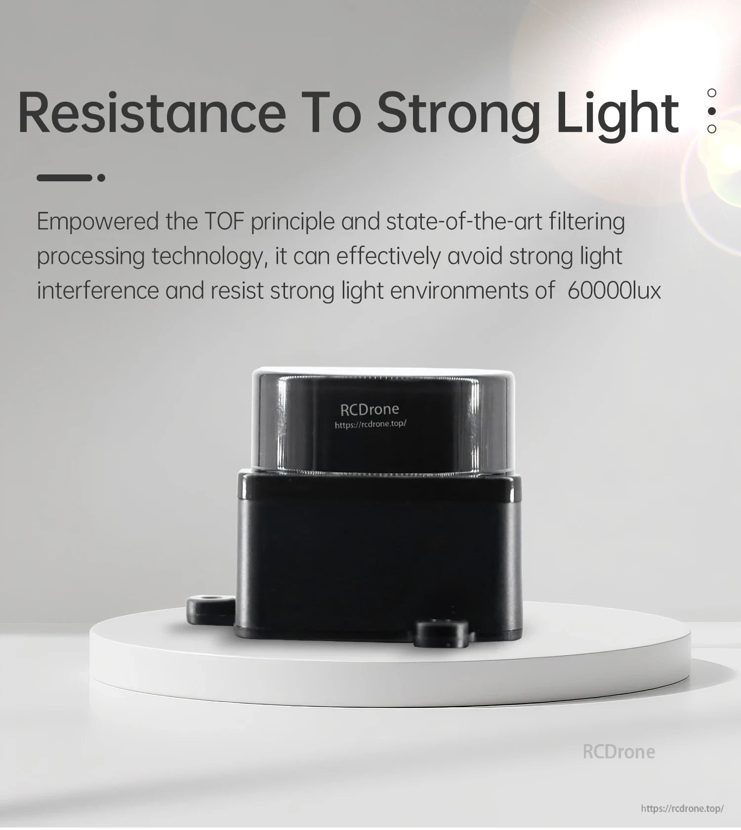 Strong light resistance graphic for D500 LiDAR with 60000 lux ambient light tolerance callout