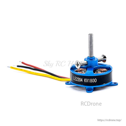 LE2204 1800KV Brushless Motor, LE2204 1800KV brushless motor for RC fixed-wing airplanes, F3P KT models, with three wires and a blue body.