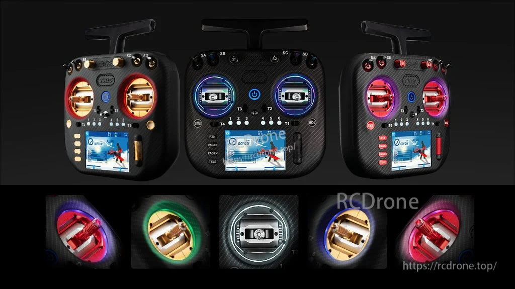 Multiple TX15 RGB gimbal ring color examples, including red, blue, green, and mixed lighting
