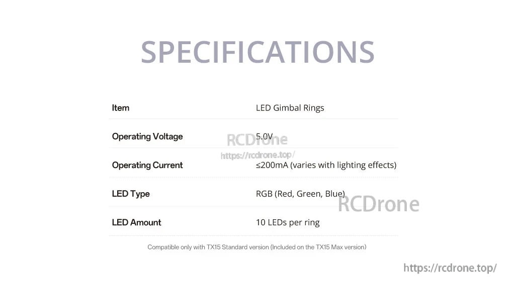 LED gimbal ring specifications: 5.0V, up to 200mA, RGB LEDs, 10 LEDs per ring, TX15 compatible