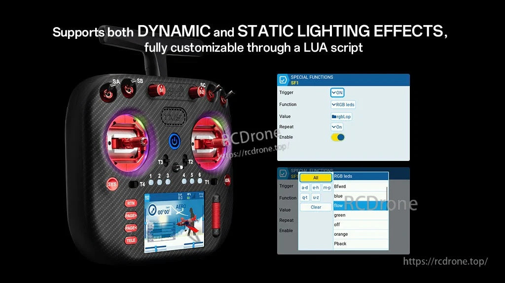 TX15 transmitter with RGB gimbal rings and LUA script menus for dynamic and static lighting effects