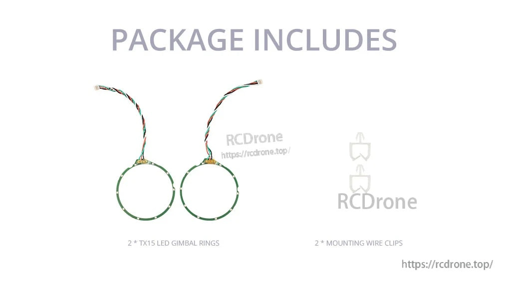 Package contents: two TX15 RGB LED gimbal rings with wiring leads and two mounting wire clips