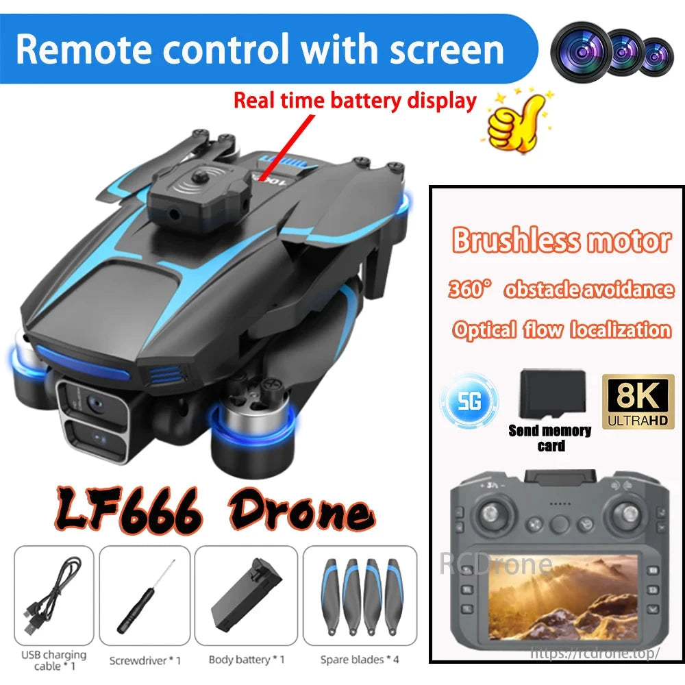 LF666 MAX Drone, LF666 Drone: Real-time battery display, brushless motor, 360° obstacle avoidance, optical flow, 5G, 8K UltraHD; includes USB cable, tools, battery, spare blades.