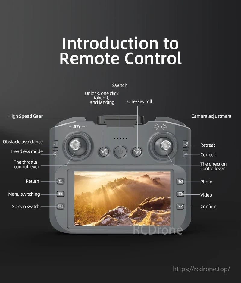 LF666 MAX Drone, The remote control features high-speed gear, obstacle avoidance, headless mode, throttle control, return, menu/screen switching, camera adjustment, and confirmation functions.