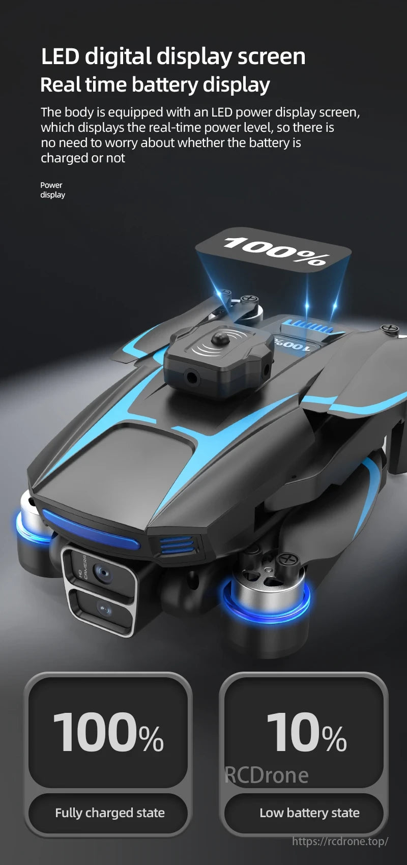 LF666 MAX Drone, LED display shows real-time battery level, indicating 100% when fully charged and 10% when low, ensuring charge status awareness.