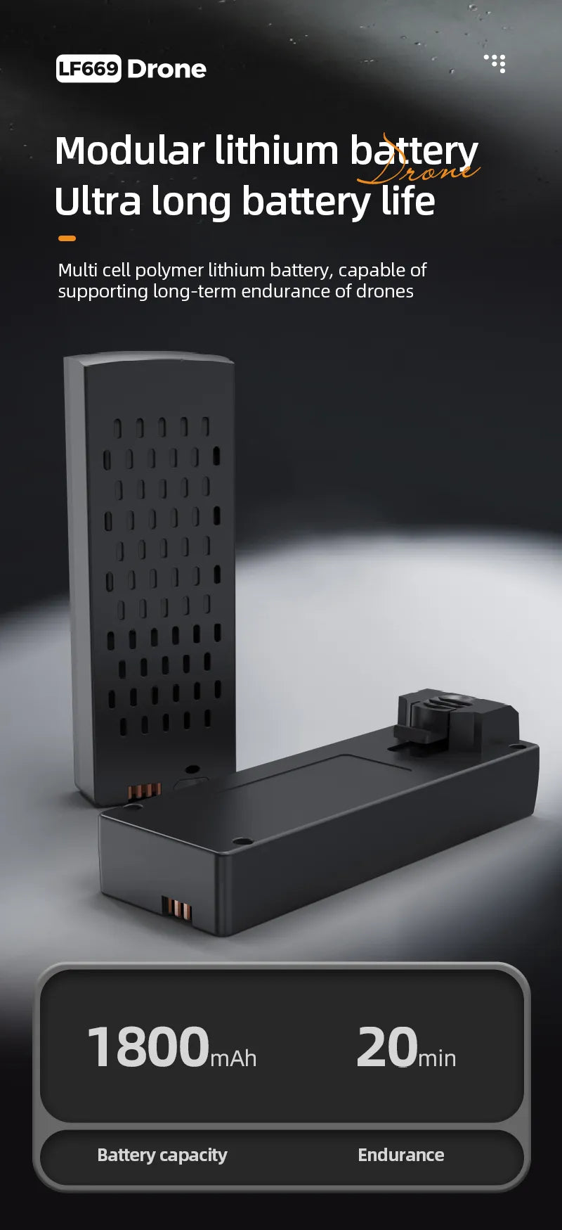 LF669 Drone has a modular 1800mAh lithium battery for 20-minute flight endurance.