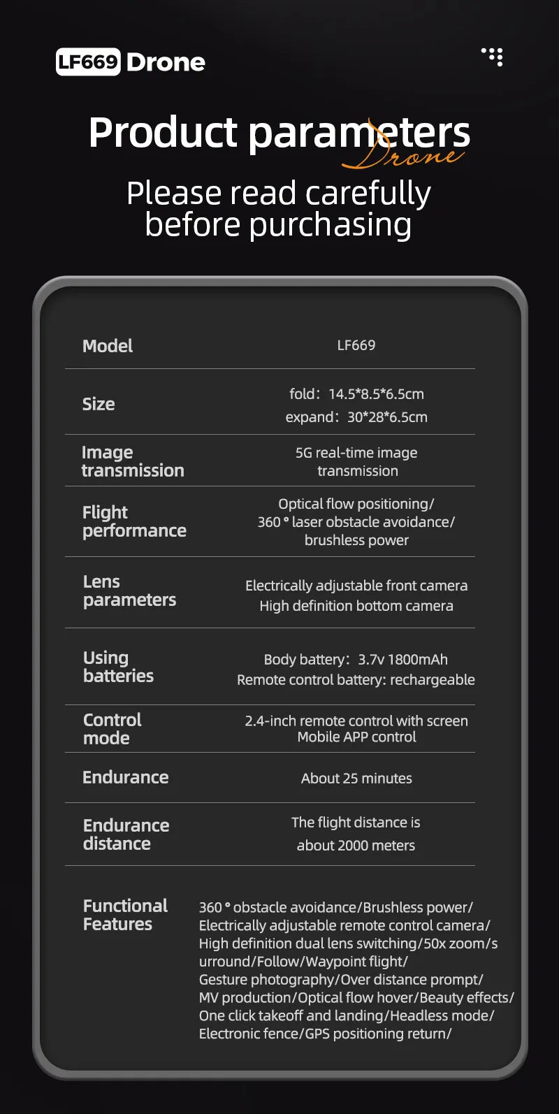 LF669 Drone: 5G transmission, optical flow, 360° obstacle avoidance, foldable design, 50x zoom, gesture photography, GPS return, 25-minute flight, 2000m range.