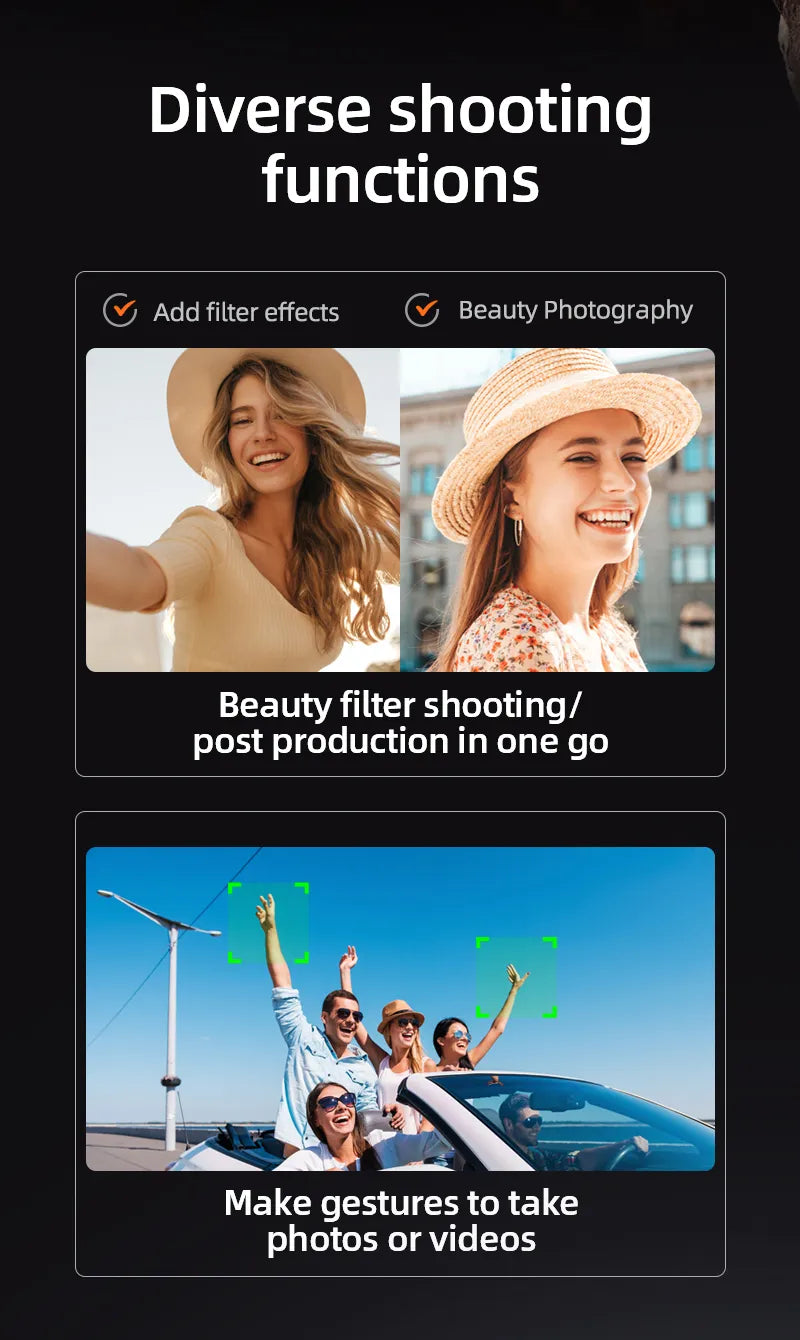 LF669 Drone, Diverse shooting functions include filter effects, beauty photography, gesture control, and integrated beauty filter for both shooting and post-production.