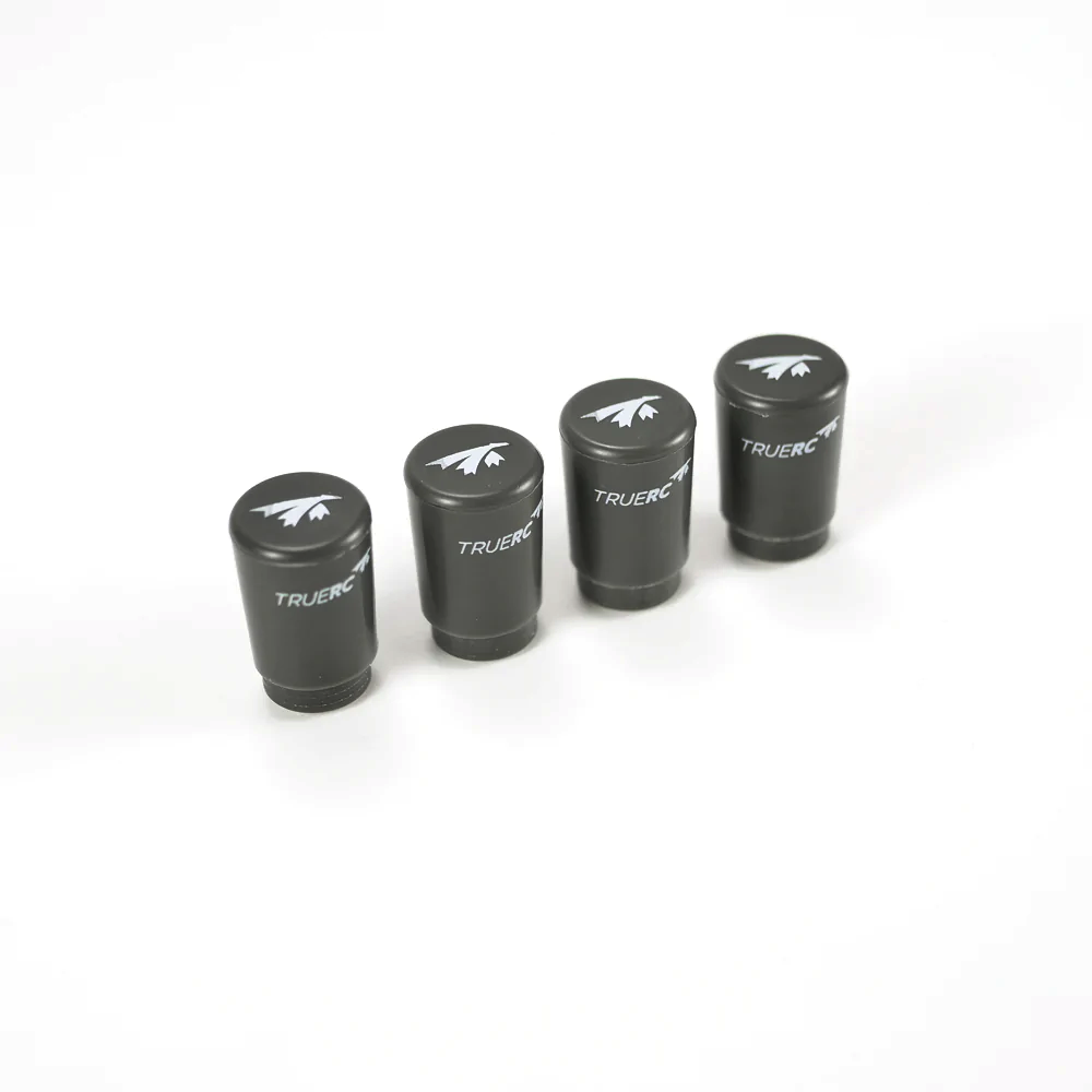 TrueRC Singularity 5.8 Stubby LHCP Antenna set, four black stubby antennas with TrueRC logo