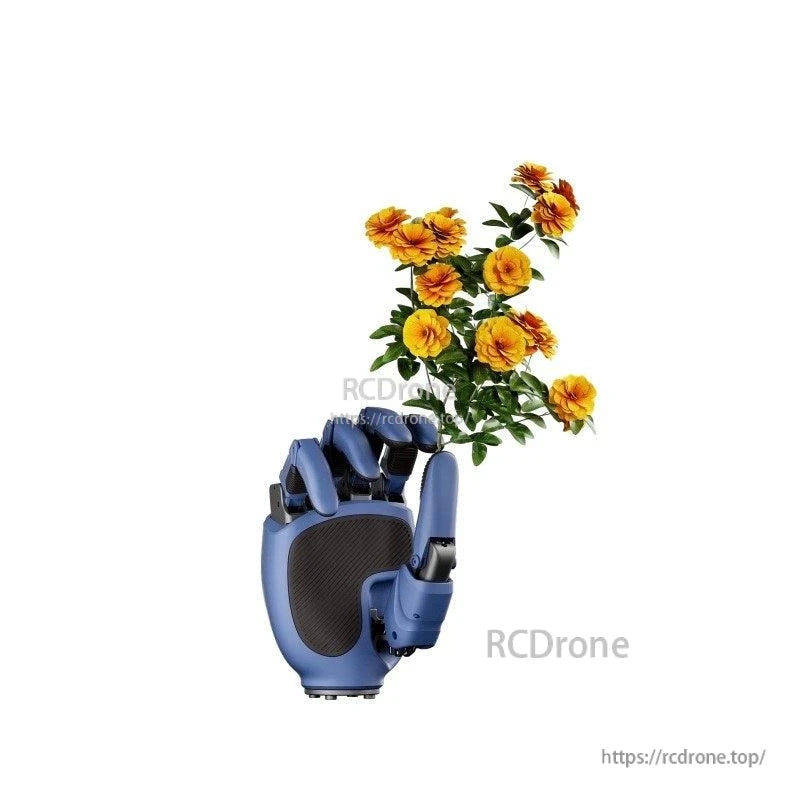 LINKERBOT Linker Hand O6 Robot Hand, Blue robotic hand holds yellow flowers, demonstrating precision grip and dexterity for advanced automation.