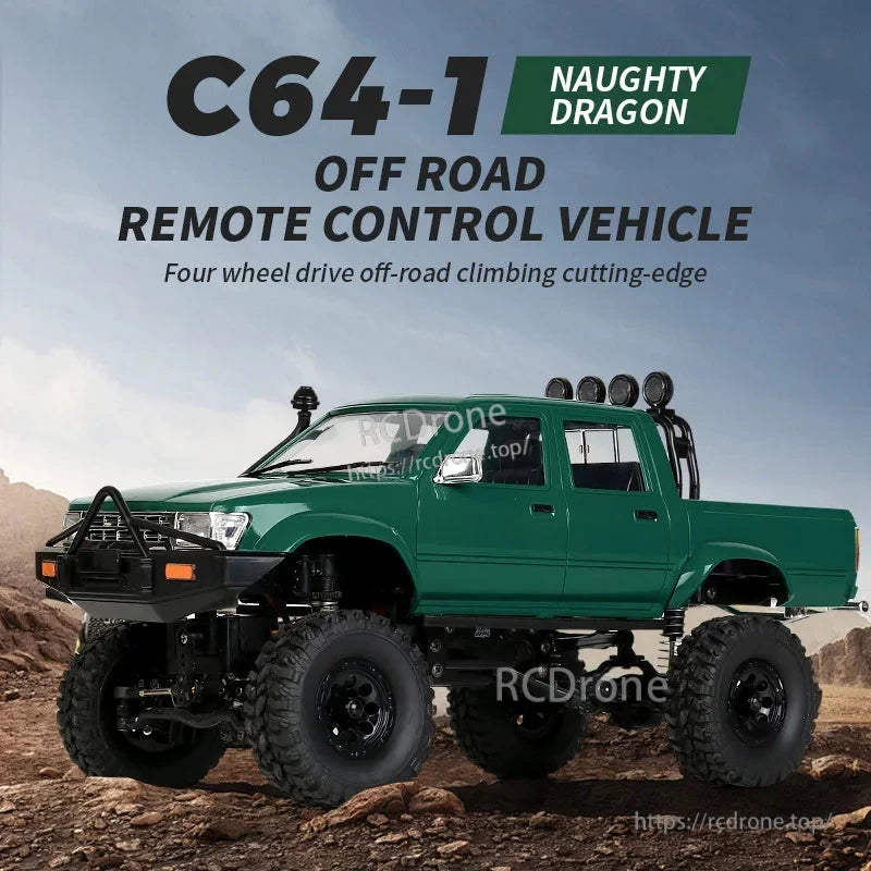 LKCOMO C64-1 RC Car, C64-1 Naughty Dragon is a 4WD off-road RC truck with LED lights, 2.4G remote control, 50-meter range, and ready-to-run convenience.