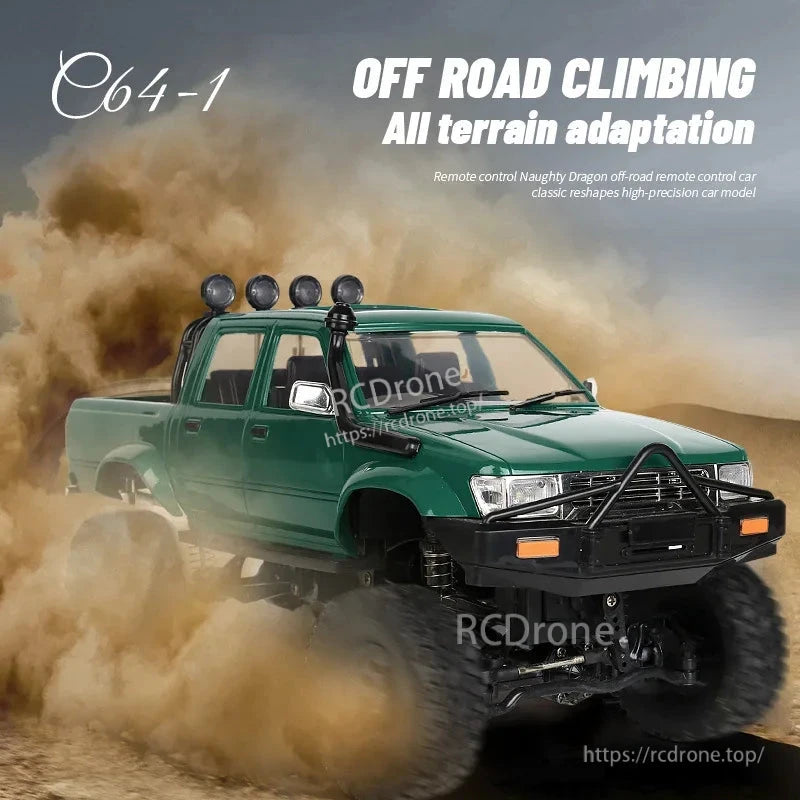 LKCOMO C64-1 RC Car, C64-1 4WD off-road RC pickup truck with LED lights, 50m range, all-terrain capability, ready-to-go RTR model for adventurous outdoor driving.