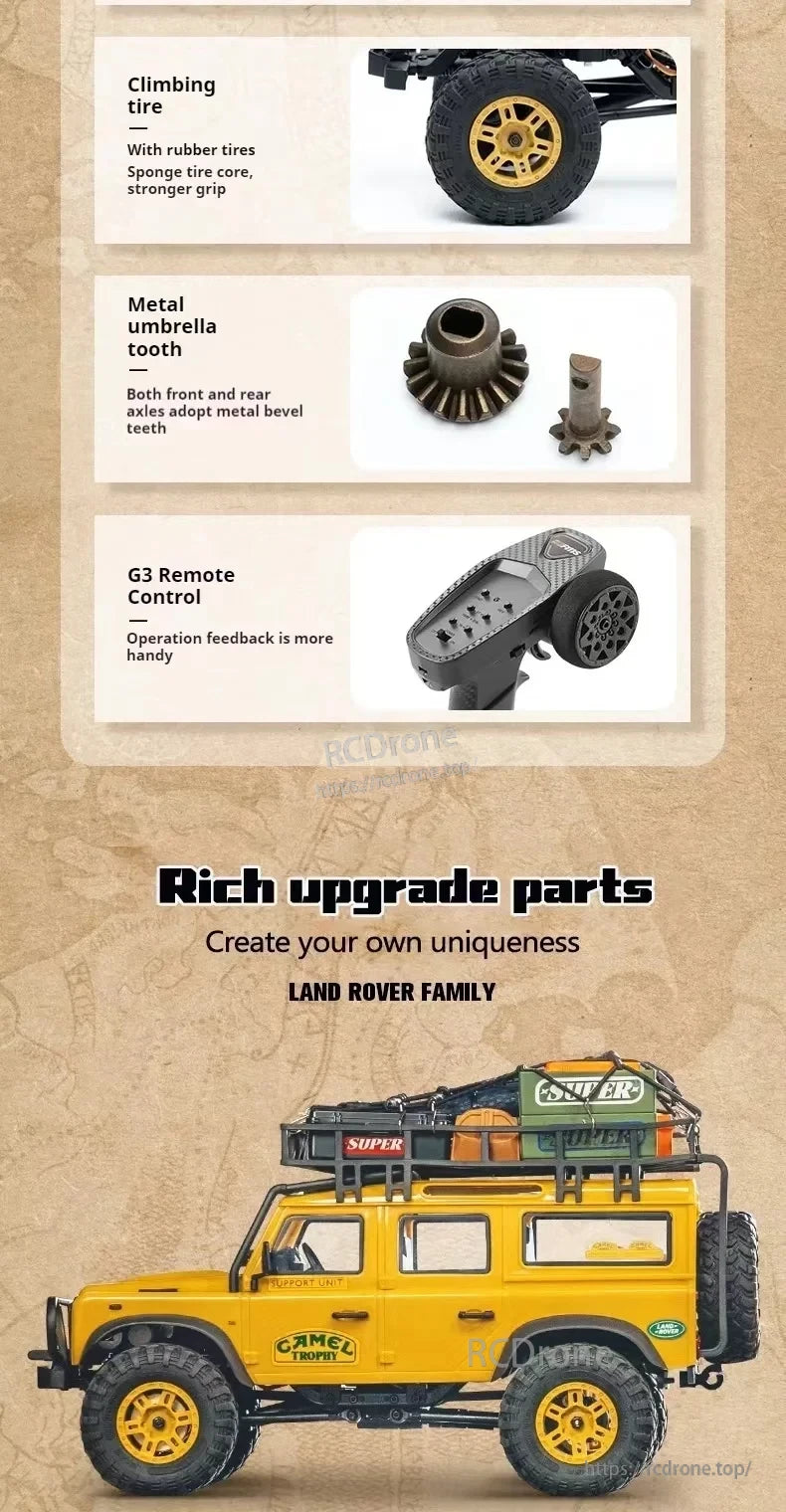 LKCOMO FMS FCX24M 1/24 Land Rover Series RC Car, Durable climbing tire with rubber-sponge core, metal axle teeth, G3 remote for precise control, and extensive upgrade parts for Land Rover RC car.