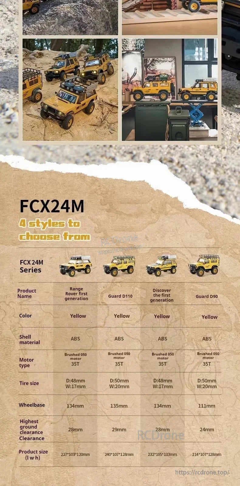 LKCOMO FMS FCX24M 1/24 Land Rover Series RC Car, Four yellow FCX24M RC models with ABS shells and 050 motors; differ in tires, wheelbase, clearance, and size.