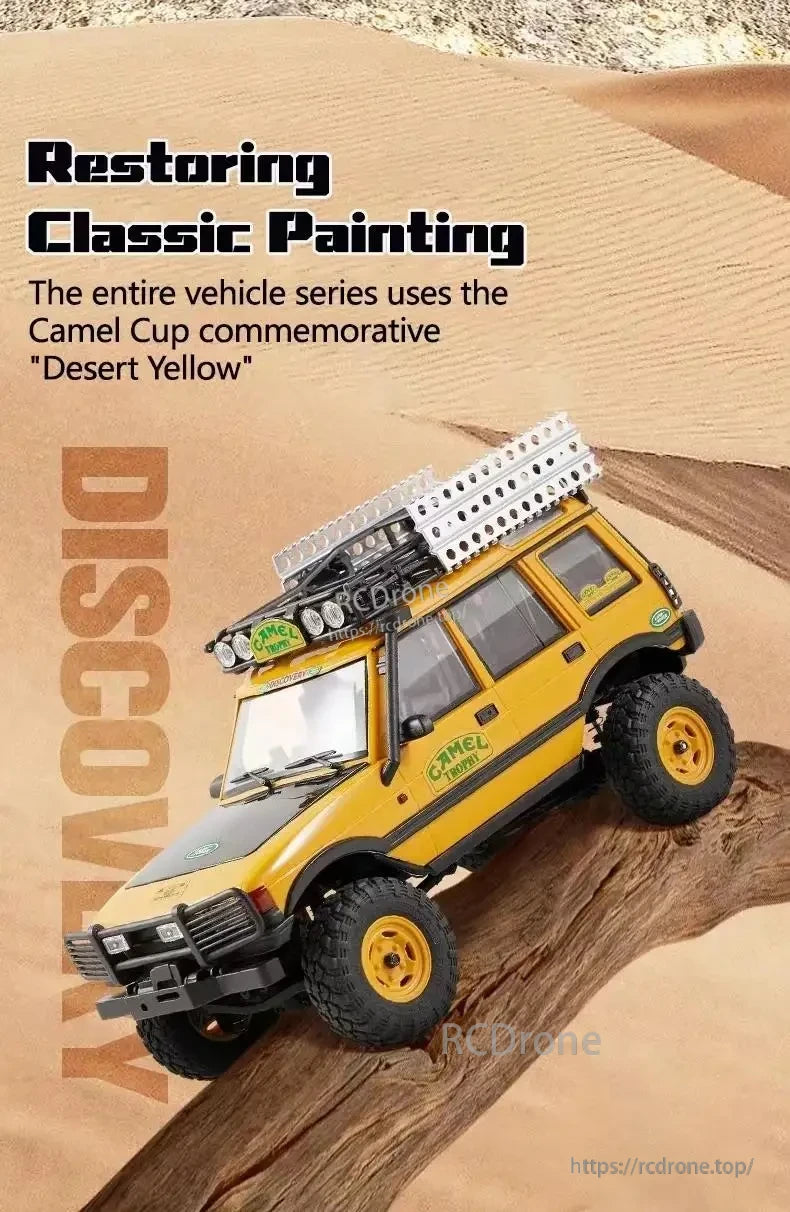 LKCOMO FMS FCX24M 1/24 Land Rover Series RC Car, Restoring Classic Painting. Desert Yellow Camel Cup commemorative Land Rover Discovery RC car.