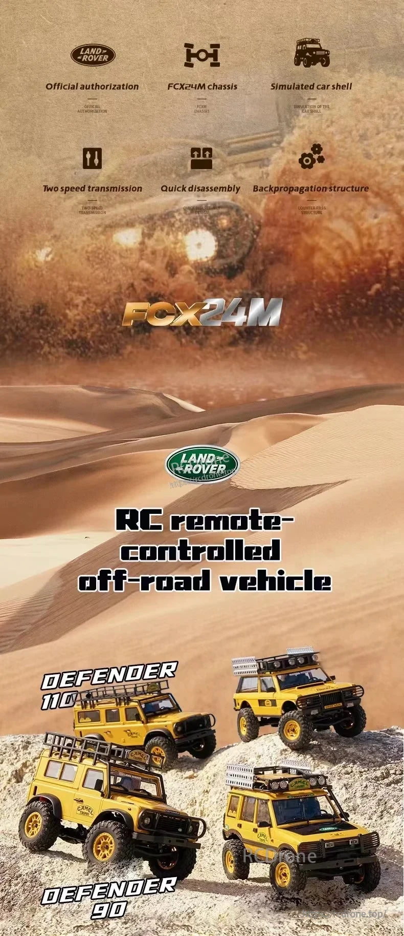 LKCOMO FMS FCX24M 1/24 Land Rover Series RC Car, 1/24 scale Land Rover RC models with realistic design, two-speed transmission, and durable build. Choose Defender 90/110 in yellow. Ideal for off-road enthusiasts and collectors.