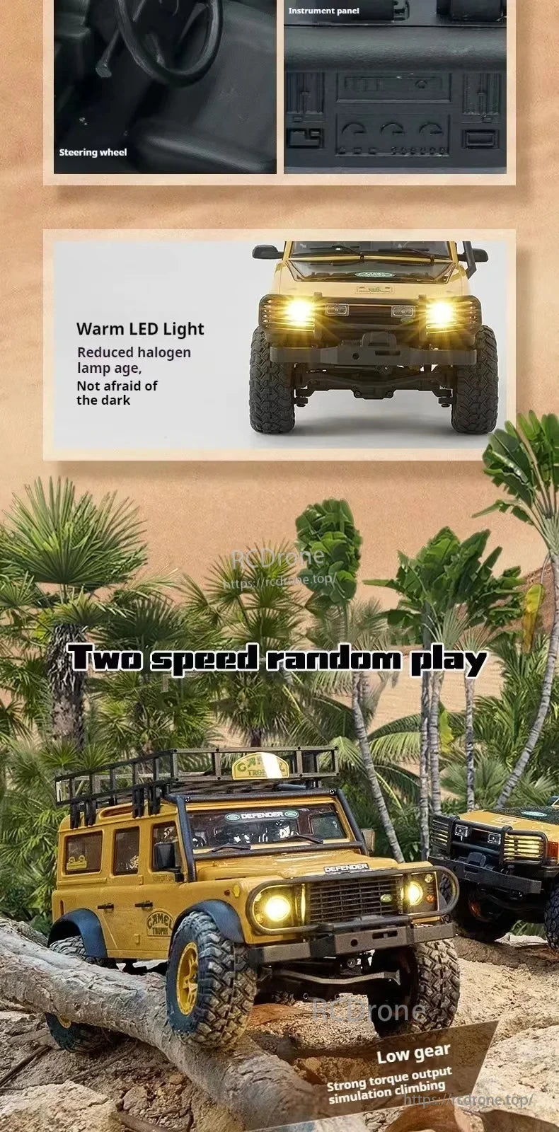 LKCOMO FMS FCX24M 1/24 Land Rover Series RC Car, Warm LED lights, two-speed random play, low gear with strong torque for climbing simulation.