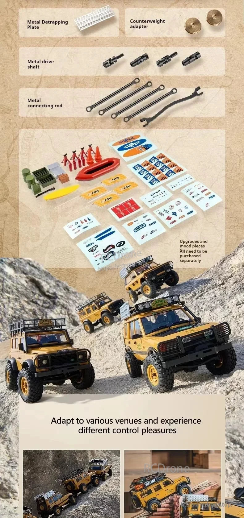 LKCOMO FMS FCX24M 1/24 Land Rover Series RC Car, Durable RC car featuring metal parts, decals, and accessories designed for off-road performance and customizable upgrades.