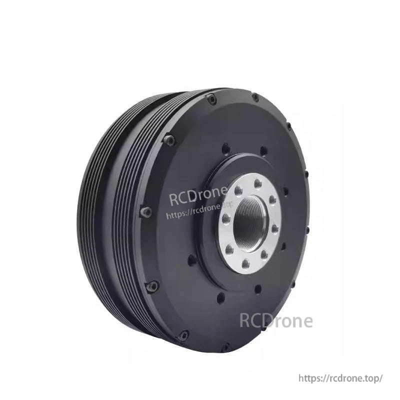 Angled front view of LKMTECH MF12025-V2 motor with mounting flange and threaded center opening