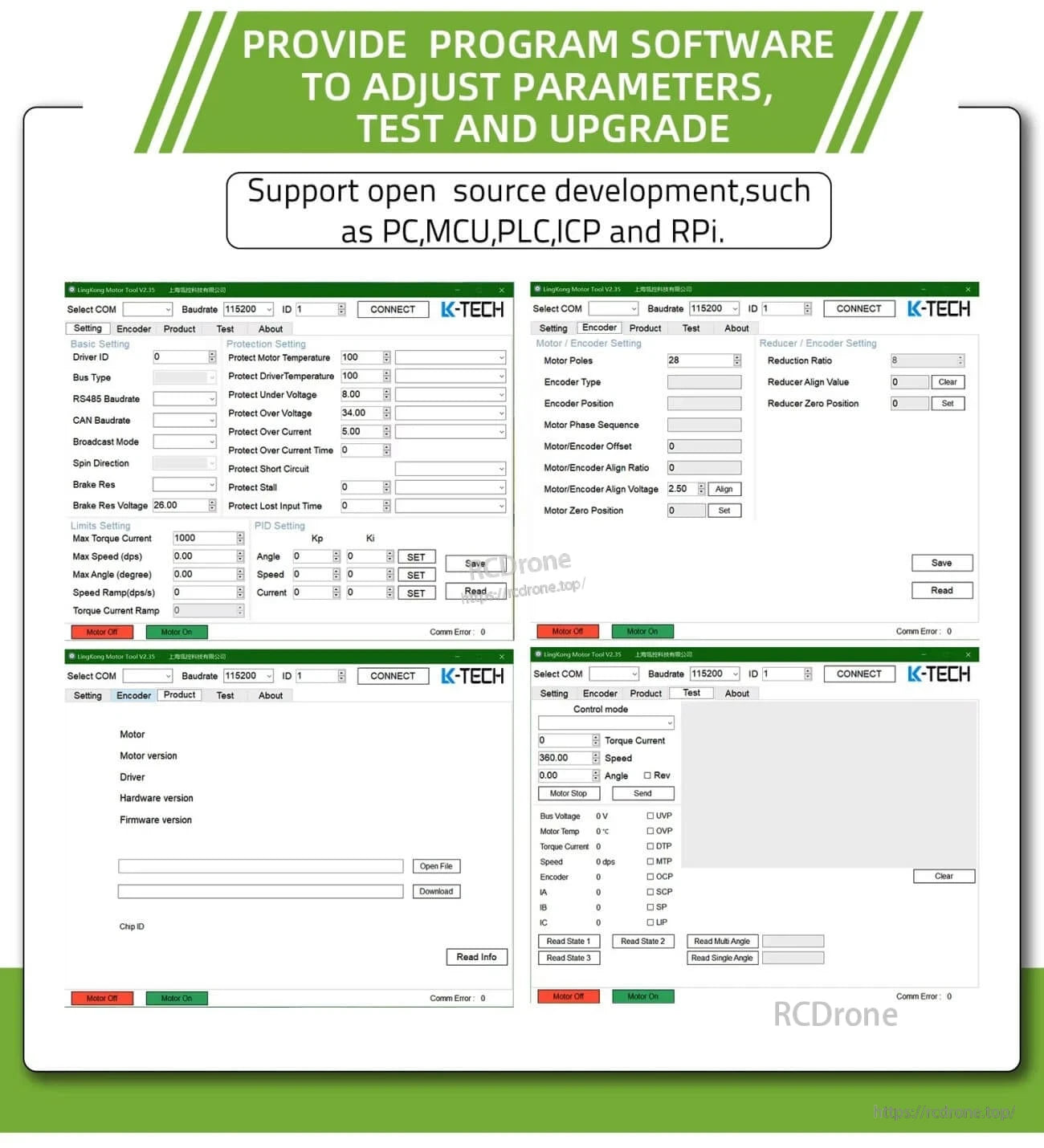 K-TECH parameter software interface screenshots for MF12025-V2 drive setup, encoder settings, testing and firmware upgrade