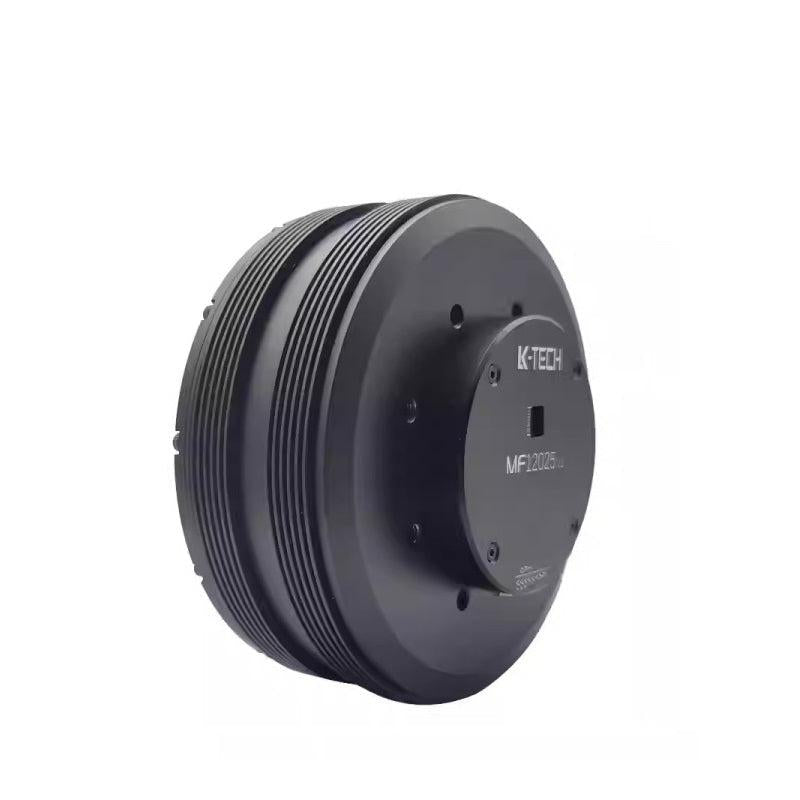 Angled side view of MF12025-V2 motor housing with ribbed cooling fins and rear cover plate