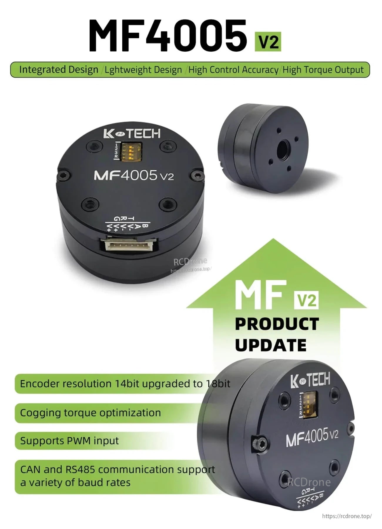 LKMTECH MF4005-V2 12V motor with RS485/CAN options and 18-bit magnetic encoder upgrade highlights