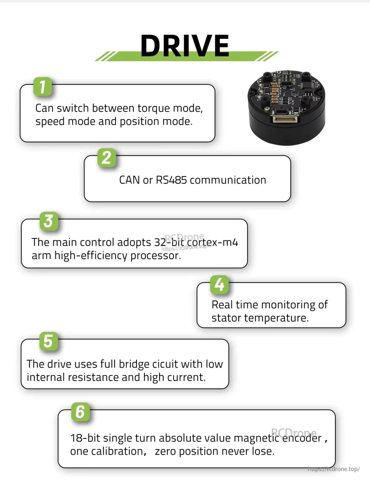 DF40V2 drive function summary for MF4005-V2: torque/speed/position modes, CAN or RS485, temperature monitoring