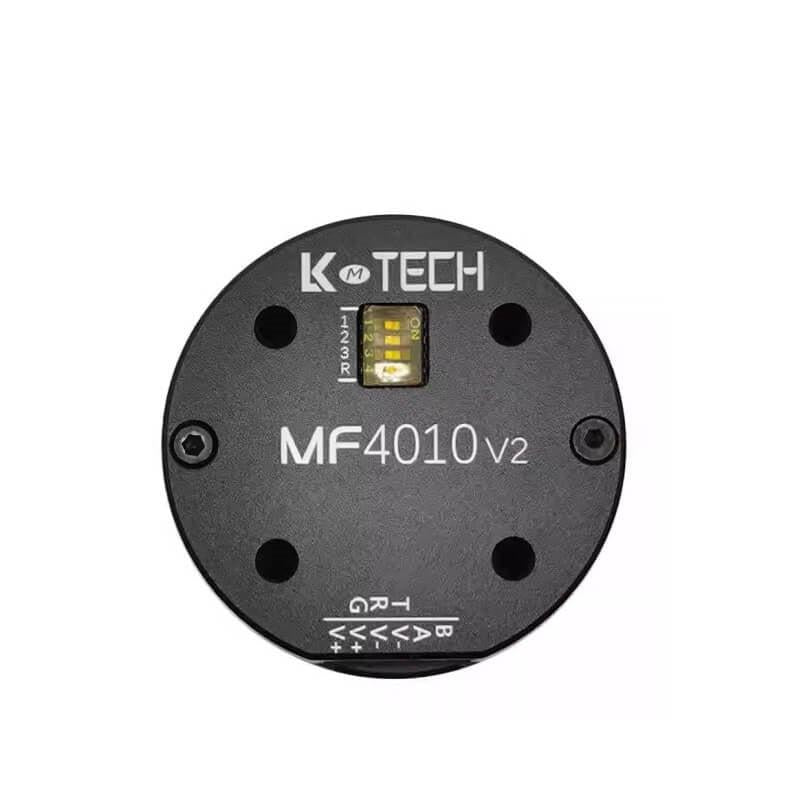 LKMTECH MF4010-V2 motor front face with status window, MF4010v2 marking and wiring pin labels
