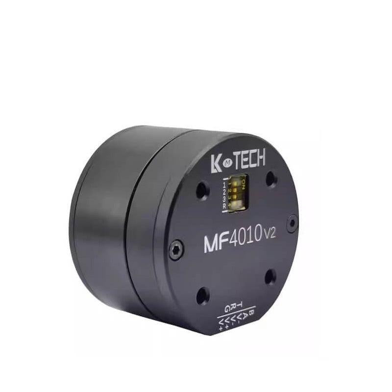 Angled view of MF4010 v2 motor housing showing front plate, mounting holes and compact cylindrical body