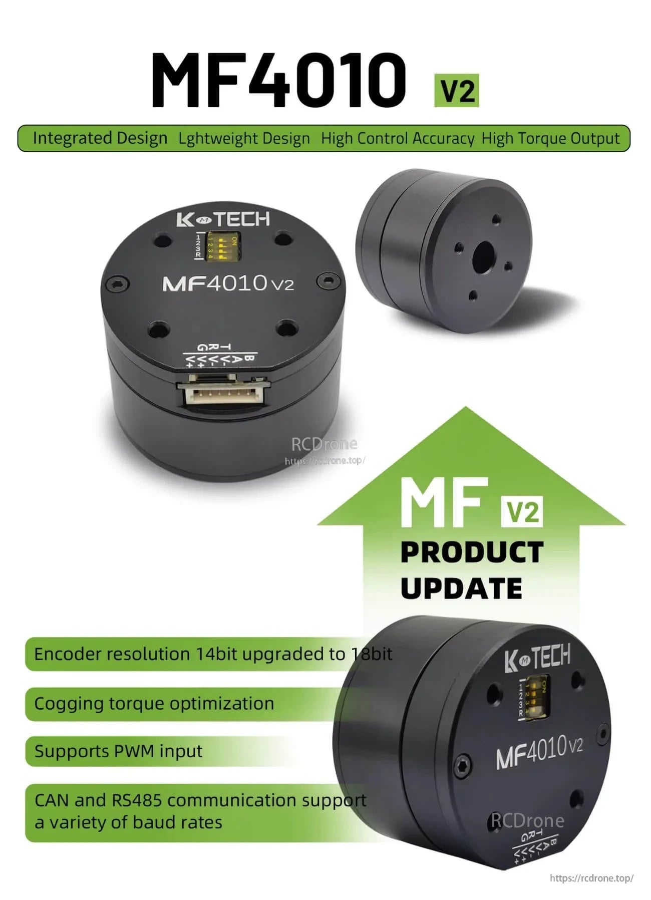 LKMTECH MF4010-V2 integrated motor module with connector and mounting face, 18-bit encoder update callouts
